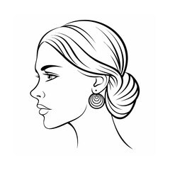 Black and White Line Drawing Woman Profile Bun Hairstyle Earrings