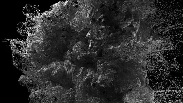 3d render of black and white monochrome abstract art of surreal video animation of explosion based on small dust spheres balls particles in rotation movement on black background