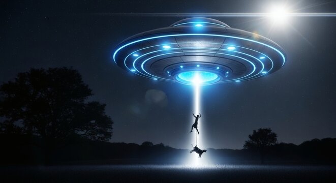 Abduction Night UFO steals human and dog in a beam of light. - Powered by Adobe