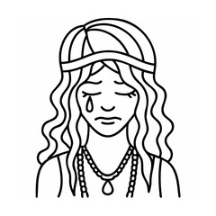 Sad Woman Line Art Illustration Long Hair Teardrop Necklace