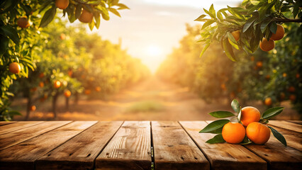 Orange Orchard at Sunset with Wooden Table and Fresh Citrus