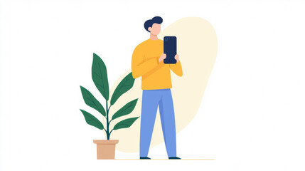  person in casual clothes takes a photo with a smartphone beside a potted plant on a minimalist background.