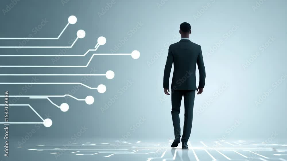Poster man walking digital future technology circuit board glowing connection points concept