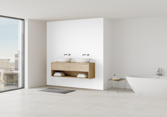 Luxury modern bathroom interior with double vanity and freestanding bathtub, minimal design with city view, white floor tiles and black wall PNG mockup with Realistic Shadows – 3D render