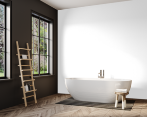 Modern black wall bathroom interior with freestanding bathtub and wooden ladder shelf near window, Scandinavian style PNG mockup – Transparent Wall Mockup with Realistic Shadows – 3D render
