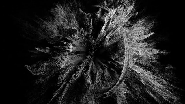 3d render abstract art video animation of a black and white monochrome surreal explosion based on small balls dust sand particles in rotation circular form on black background