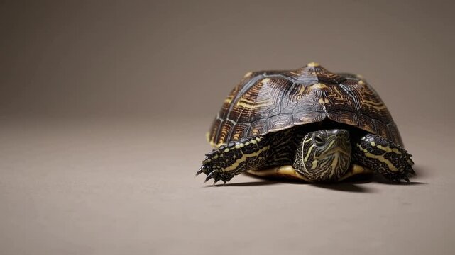 Turtle Perseverance Slowly Moving Forward on Beige Background