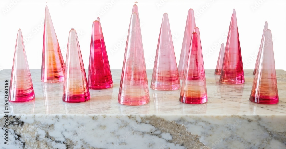 Poster pink glass cones rest upon marble surface. varying heights create interesting visual rhythm. simple 
