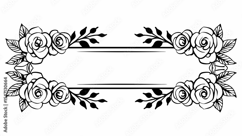 Poster floral frame with roses and leaves in black and white surrounding a rectangular space for text or im