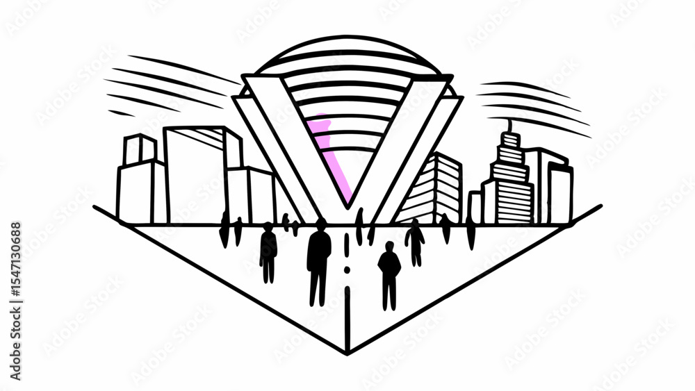 Poster stylized cityscape with a large v shaped structure and people in the foreground sketch illustration 