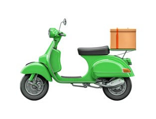 A Green delivery scooter with a box on the back isolated on a transparent background.