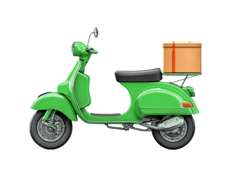 A Green delivery scooter with a box on the back isolated on a transparent background. - Powered by Adobe