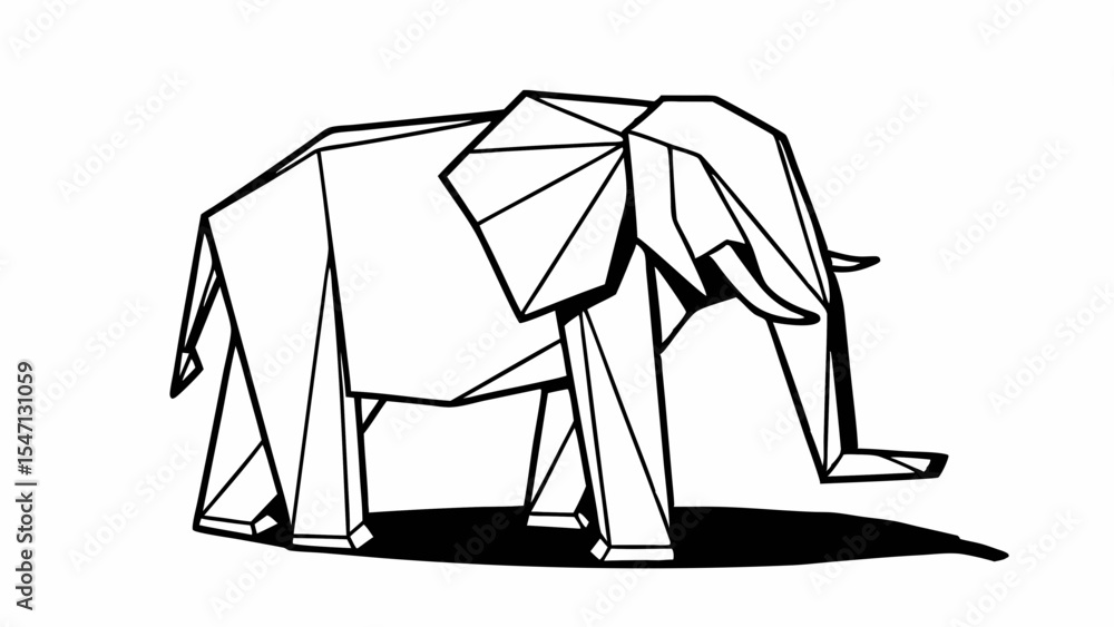 Poster geometric style illustration of an elephant with sharp lines and a shadow on a white background crea