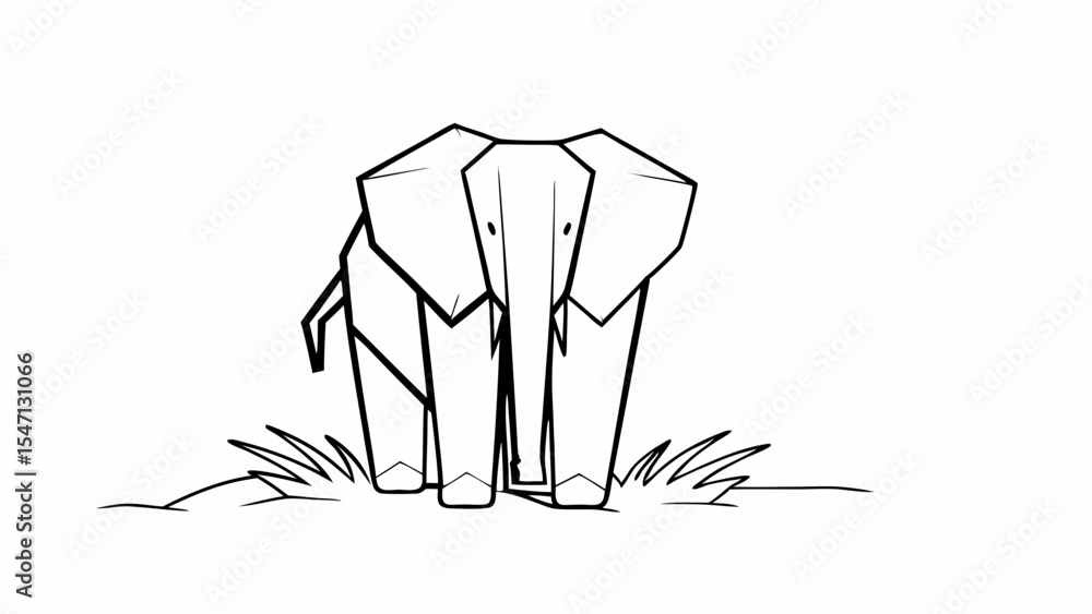 Poster geometric line art illustration of an elephant standing on grass in a minimalist style design elemen