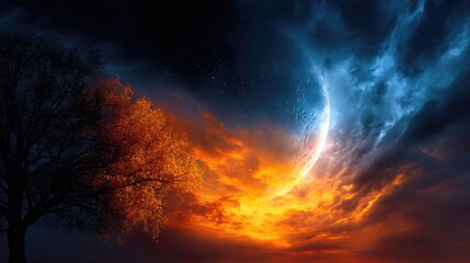 Celestial landscape with contrasting light and dark.