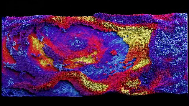 3d render of abstract art video animation 3d background with surreal motion moving festive wavy party balls sphere particles liquid substance in blue purple yellow gradient color in rectangle shape