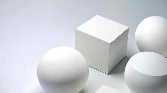 Minimalist arrangement of white geometric shapes: cube, sphere, pyramid, and irregular polyhedrons create a studio abstract design.