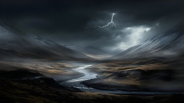 Lightning, Storm, Mountain, Lightning Storm Over Mountain Valley River