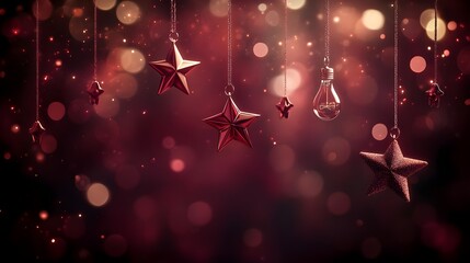Christmas, Holiday, Decoration, Festive Red Stars and Lightbulb Ornaments Hanging Against a Sparkling Background