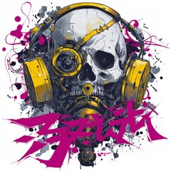 Digital artwork featuring a stylized skull with headphones and vibrant colors in an urban setting