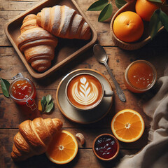 Rustic Breakfast Table with Croissants and Cappuccino in Natural Light