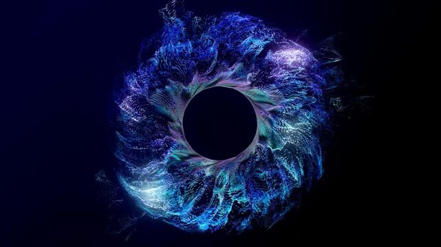 3d render of abstract art video animation with surreal ring circle as flower emit small particles around in wavy liquid splash pattern in glowing neon blue and purple color on dark blue background