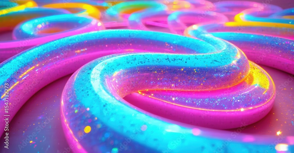 Poster Bright colorful ribbons twist, swirl. Vivid hues blend, creating dynamic abstract composition. Glitter adds sparkle, texture.
