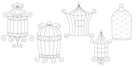 Metal bird cages vector set in doodle hand drawn style line art illustration of sketchy pet bird cages collection for minimalist and vintage home decor