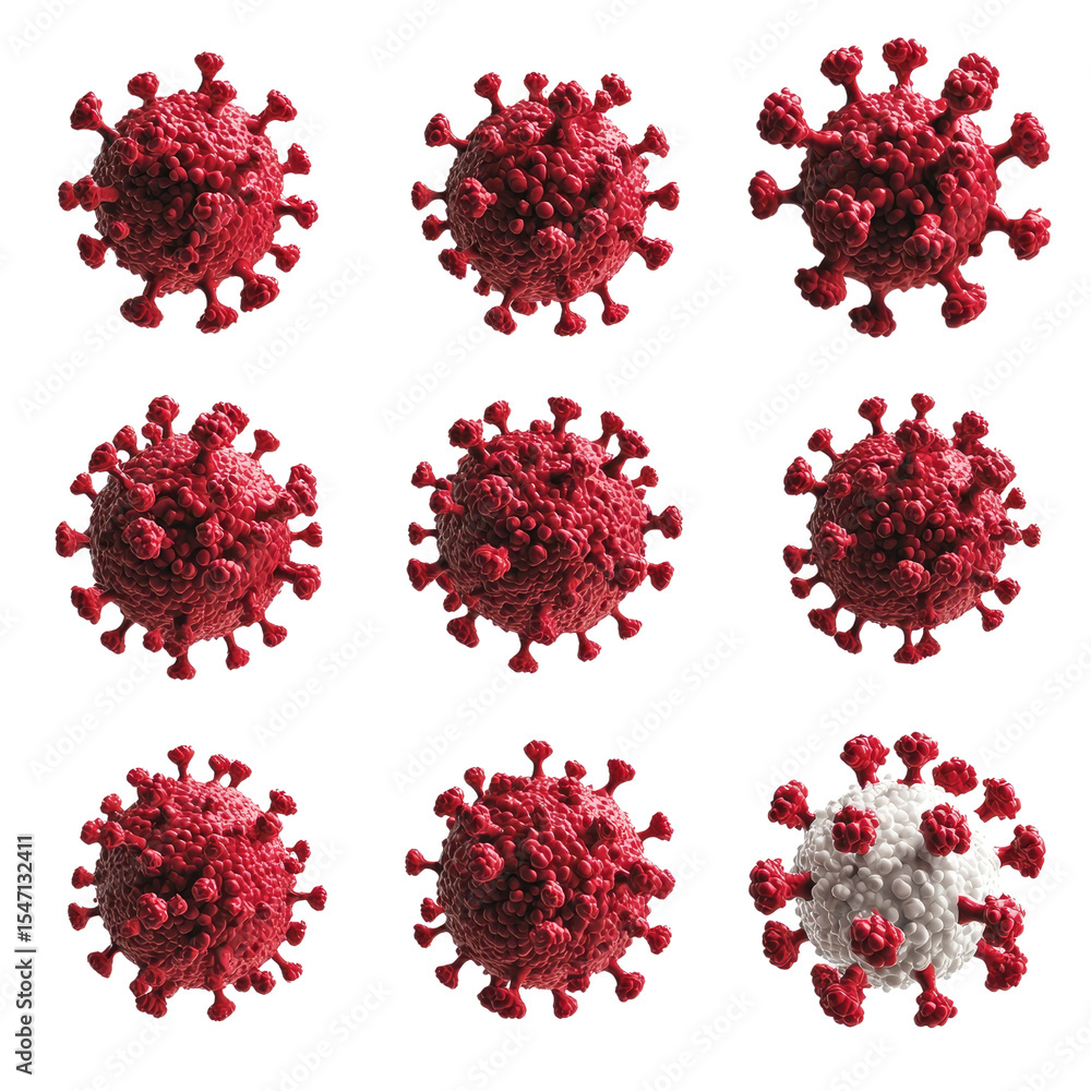 Poster detailed visualization of virus structures in red and white variants