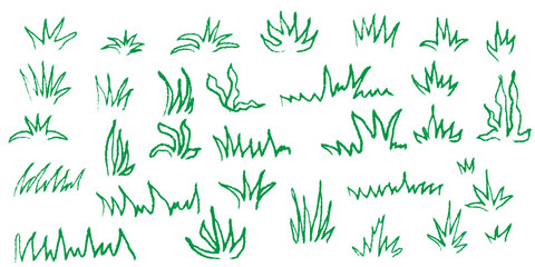 Green grass line background in crayon and pastel texture. Hand drawn doodle style sketch with pencil marker and chalk strokes. Vector green field element for garden or nature themed children design.