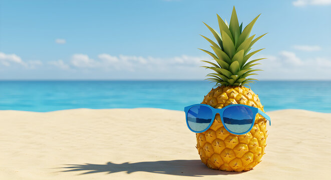 Chill Pineapple on Tropical Beach: Summer Vacation Vibes AI Genrated Image