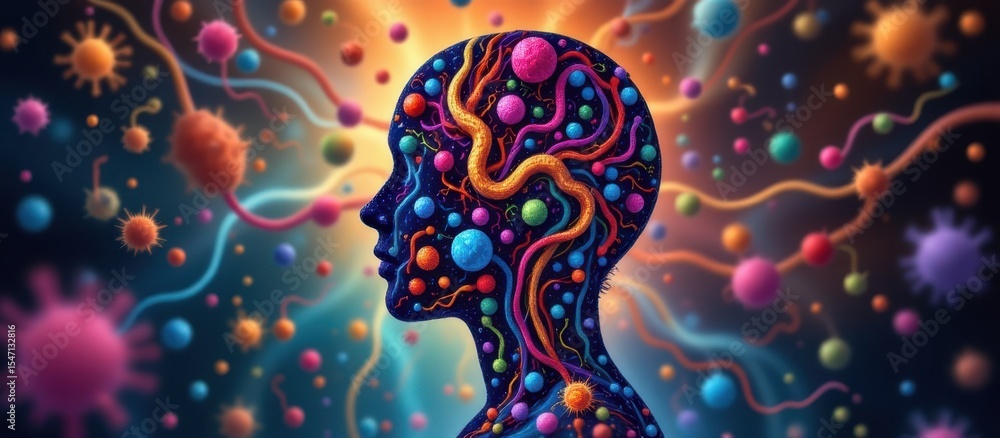 Poster microbiome science concept. abstract representation of a human head filled with colorful patterns.