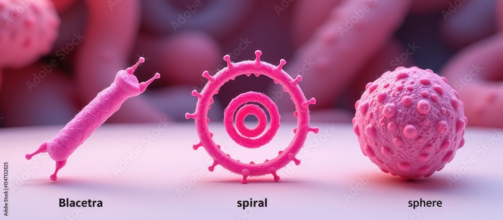 Poster microbiome science concept. microscopic view of three cellular structures in pink hues.