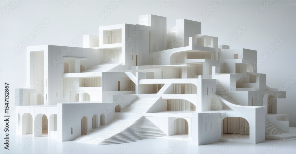 Poster white architectural model. complex structure, many levels, stairs connect various platforms. minimal