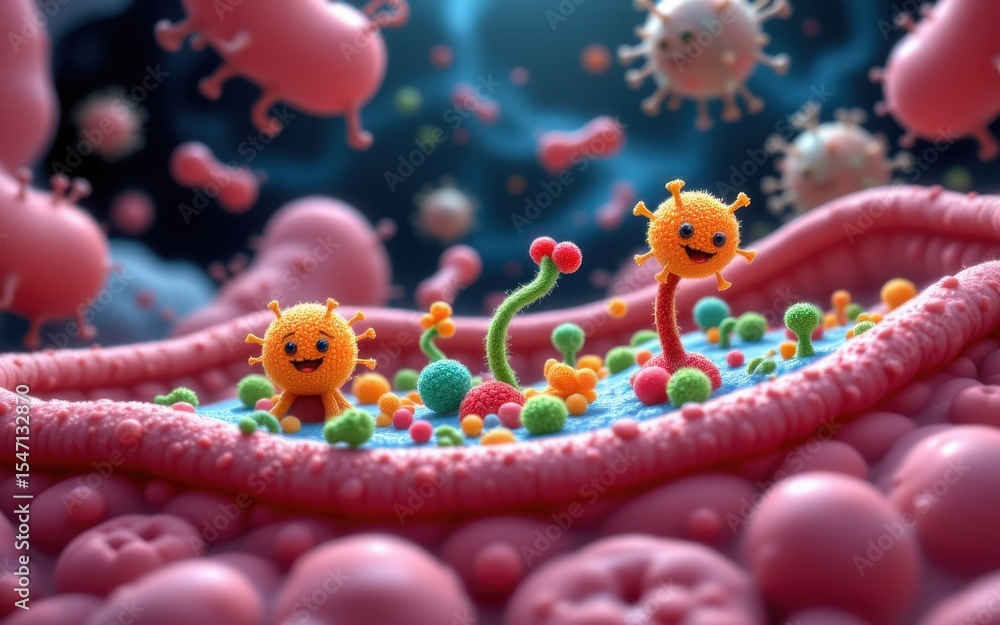 Poster microbiome science concept. colorful microscopic view of cells and viruses interacting in a biologic