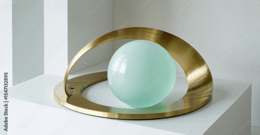Poster minimalist sculpture features sphere nestled within brass arc. clean lines, neutral backdrop emphasi