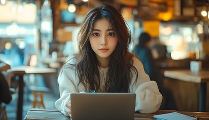 Fototapeta premium Person working on laptop at wooden table in cozy cafe with warm lighting
