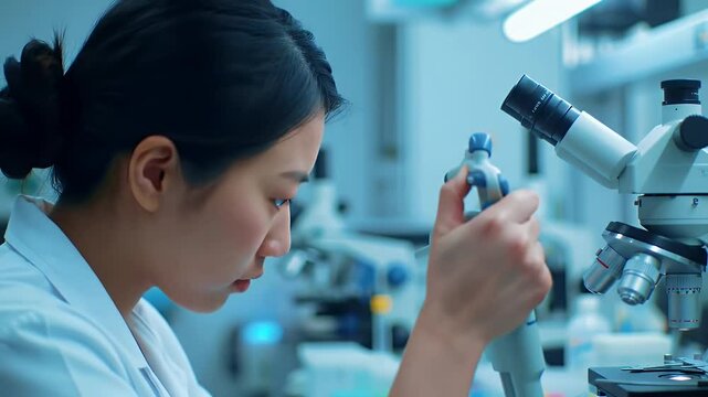 Scientist Carefully Uses Micropipette and Microscope for Precise Research in Laboratory