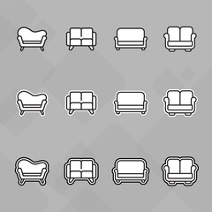 Furniture icons set,Collection of sofa, armchair, wardrobe, bedroom table, interior, Chair and Sofa of front view line icon