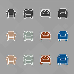 Furniture icons set,Collection of sofa, armchair, wardrobe, bedroom table, interior, Chair and Sofa of front view line icon
