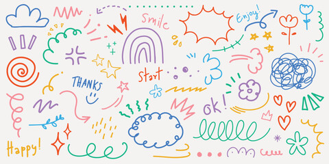 Colorful doodles with rainbows, stars, and hearts. Playful sketches with words like 'Smile' and 'Happy'. Vibrant doodles with swirls and flowers. Colorful typography vector set.