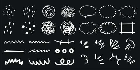 Set of hand-drawn doodles, including speech bubbles, swirls, and zigzags. Doodles feature various shapes and lines, perfect for creative design projects. White doodle elements, vector set.