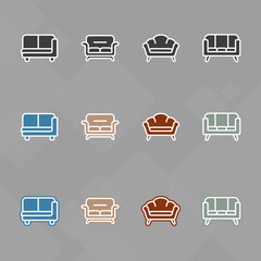 Furniture icons set,Collection of sofa, armchair, wardrobe, bedroom table, interior, Chair and Sofa of front view line icon