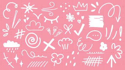 Playful doodles on pink background. Doodles include arrows, clouds, stars, and swirls. Fun doodles for creative projects. Doodles for art and design. White doodle elements, vector set.