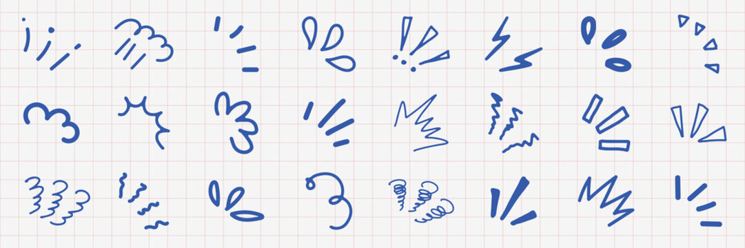 A collection of blue hand-drawn doodles on graph paper. Includes exclamation marks, arrows, and squiggles. Doodles add a playful touch to designs. Colorful doodle elements, vector set.