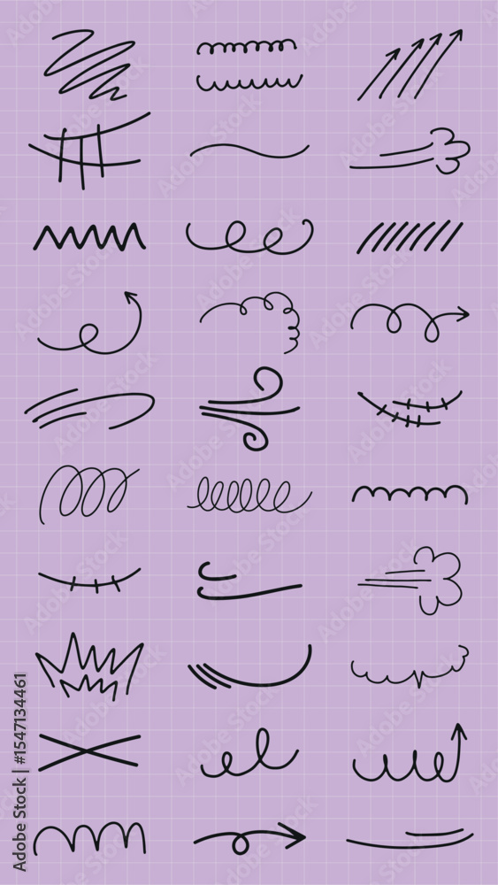 Poster a collection of hand-drawn arrows and lines on a purple grid background. various styles of arrows an