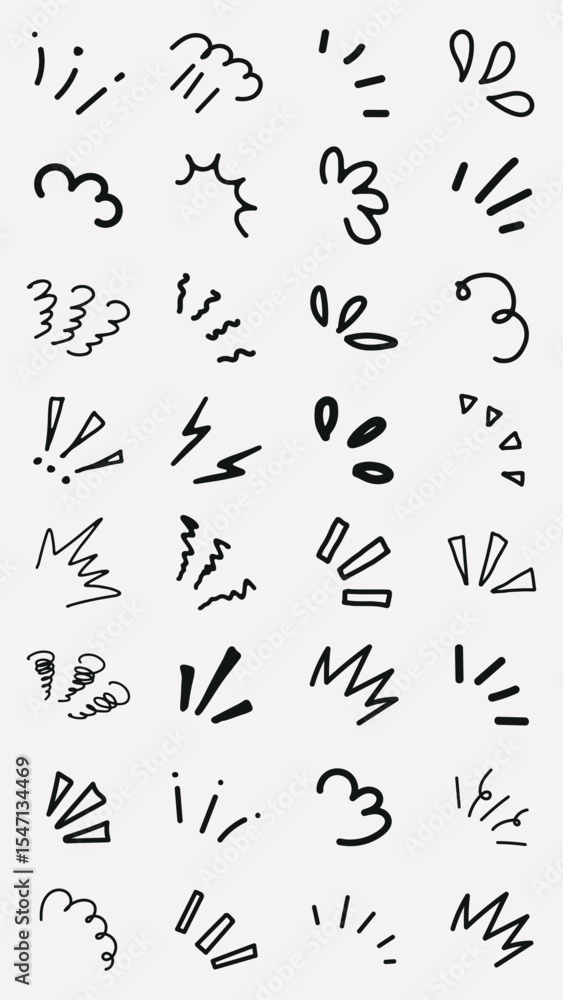 Poster collection of hand-drawn doodles, featuring various expressive lines and shapes. includes exclamatio