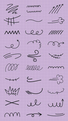 A collection of hand-drawn arrows and lines on a purple grid background. Various styles of arrows and lines, including swirls and zigzags, are displayed. Black hand drawn elements, vector set.