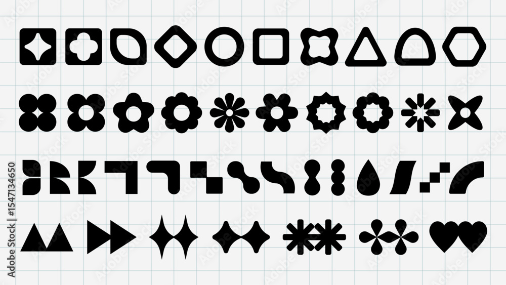 Poster vector elements. a grid of black geometric shapes, including circles, triangles, and stars. geometri