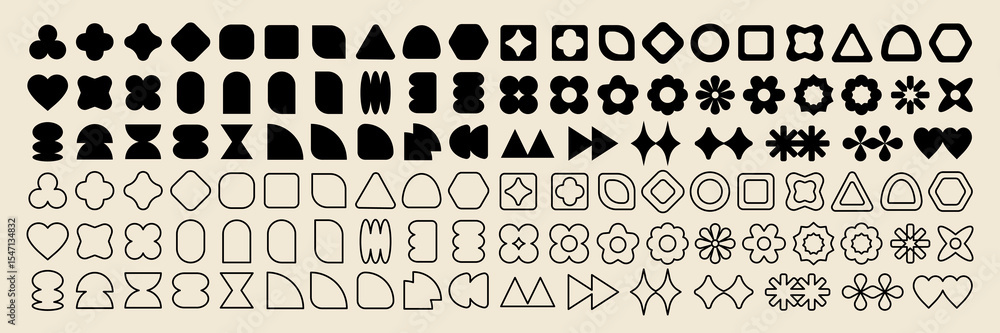 Poster collection of geometric shapes in black and white. includes circles, squares, triangles, and more. v
